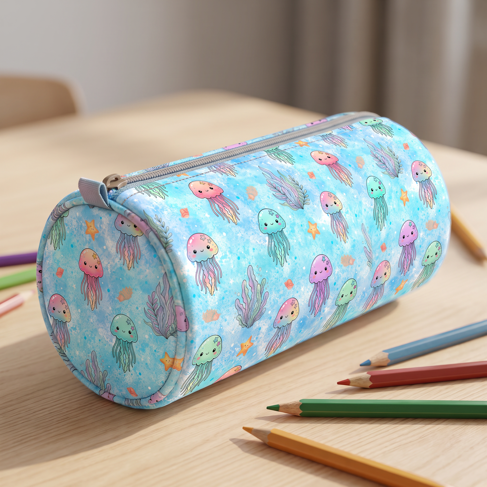 Kids pencil case mockup with cute ocean seamless pattern.
