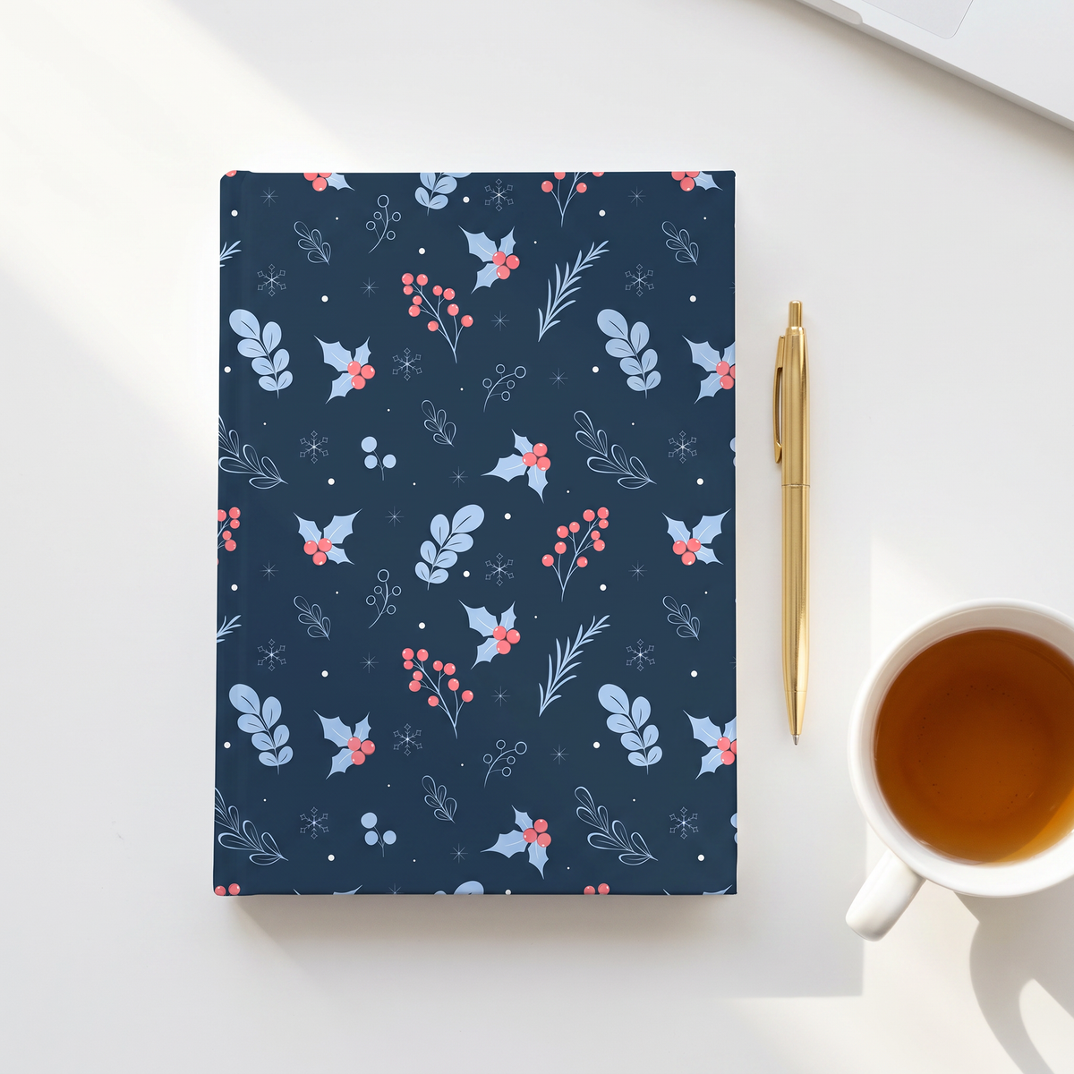 Winter Holly & Berries Seamless Pattern, Navy Blue Christmas Floral Design