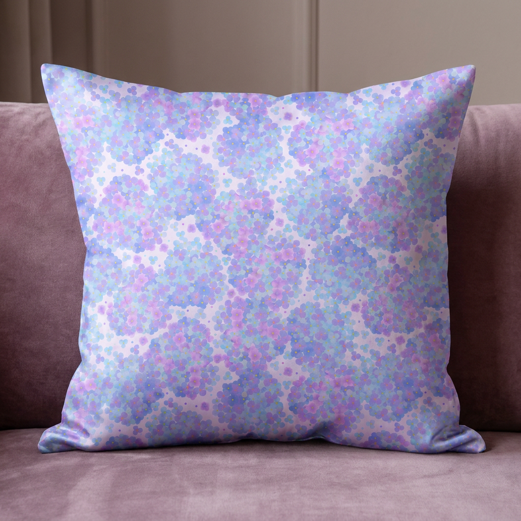 Throw pillow featuring blue and lilac hydrangea floral seamless pattern