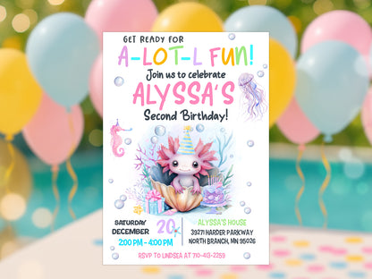 Cute Axolotl birthday invitation template pink and purple 5x7.