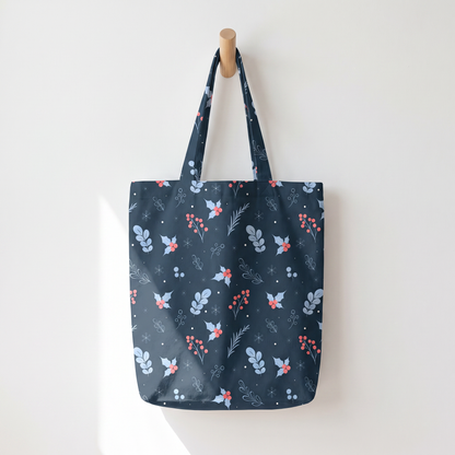 Winter Holly & Berries Seamless Pattern, Navy Blue Christmas Floral Design