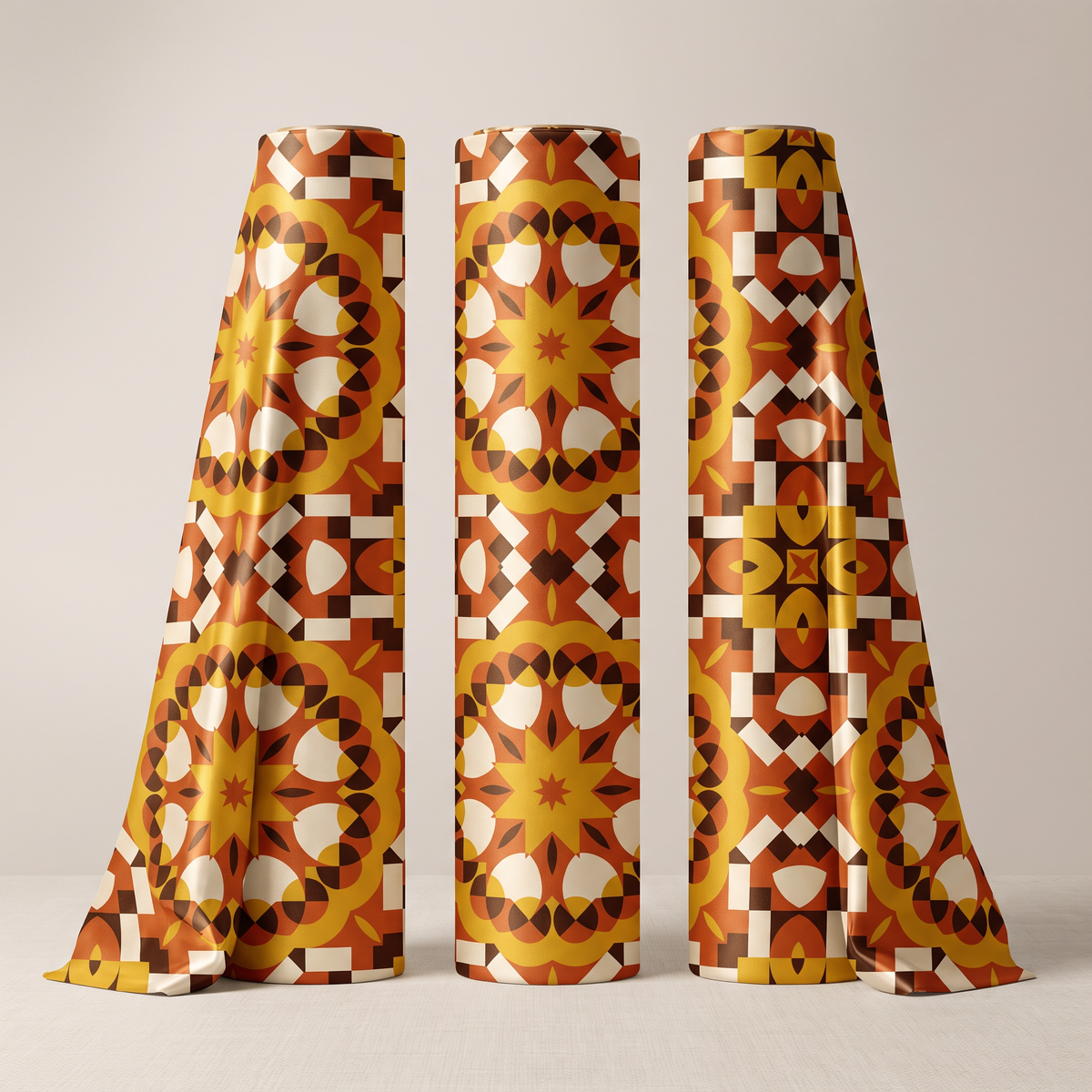 Terracotta and gold Art Deco geometric seamless pattern with symmetrical mosaic-inspired motifs