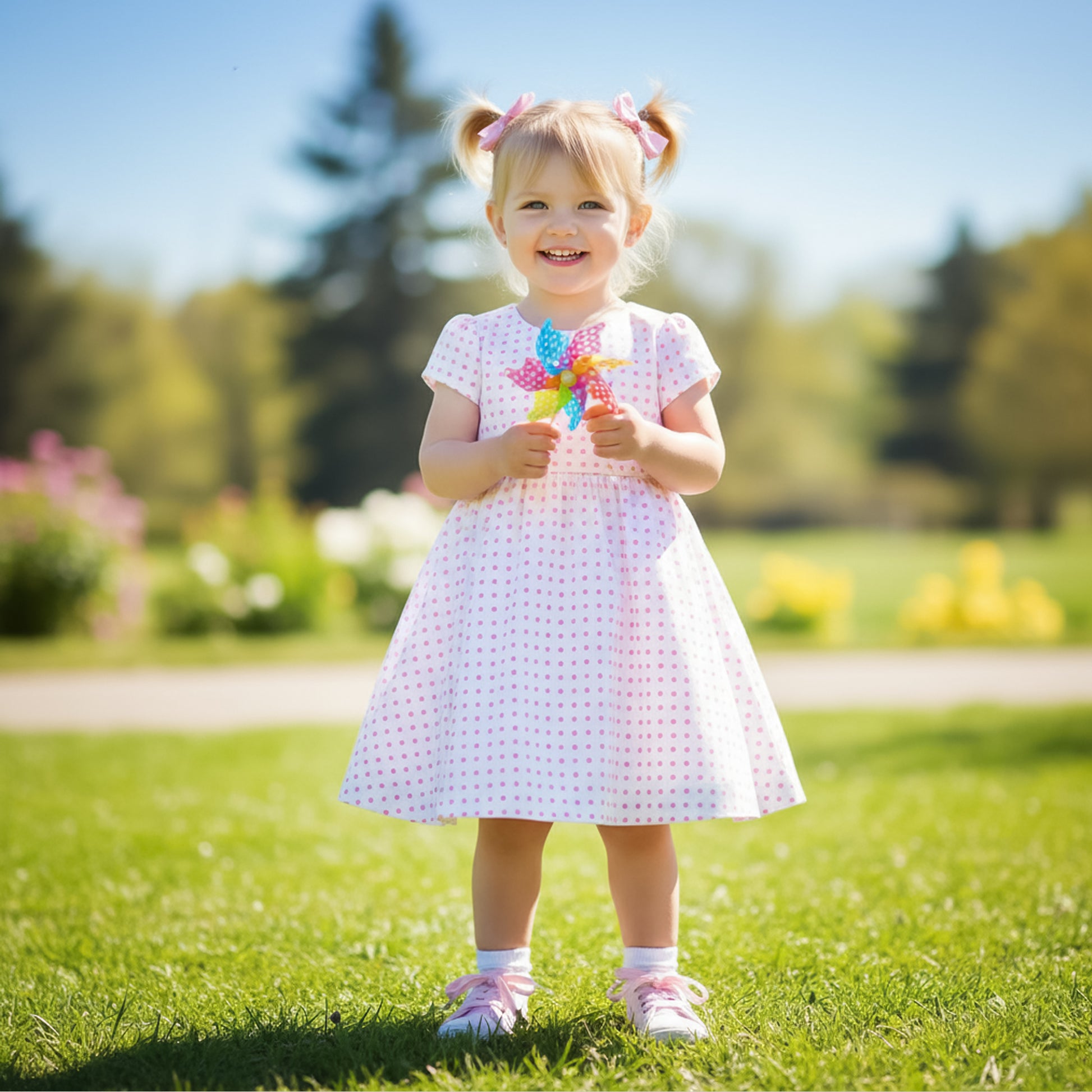 A little girl standing in a garden wearing a summer dress made from the pink floral/heart pattern.