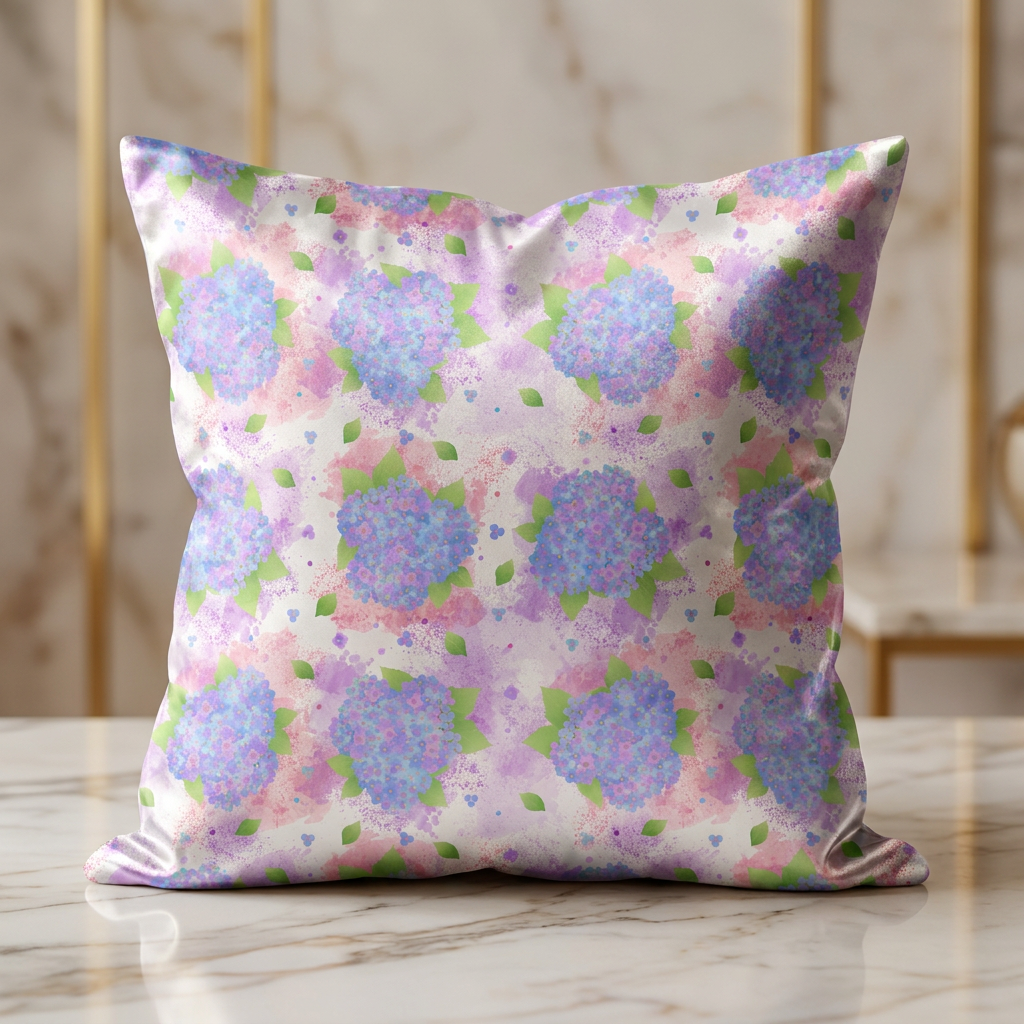 Throw pillow featuring blue and lilac hydrangea floral seamless pattern