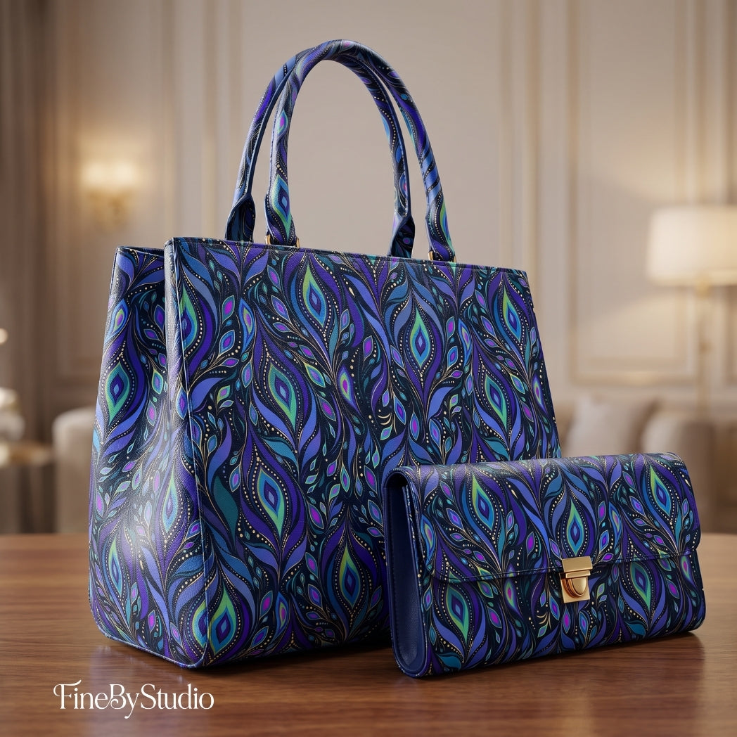 Blue peacock paisley pattern on a luxury fabric handbag