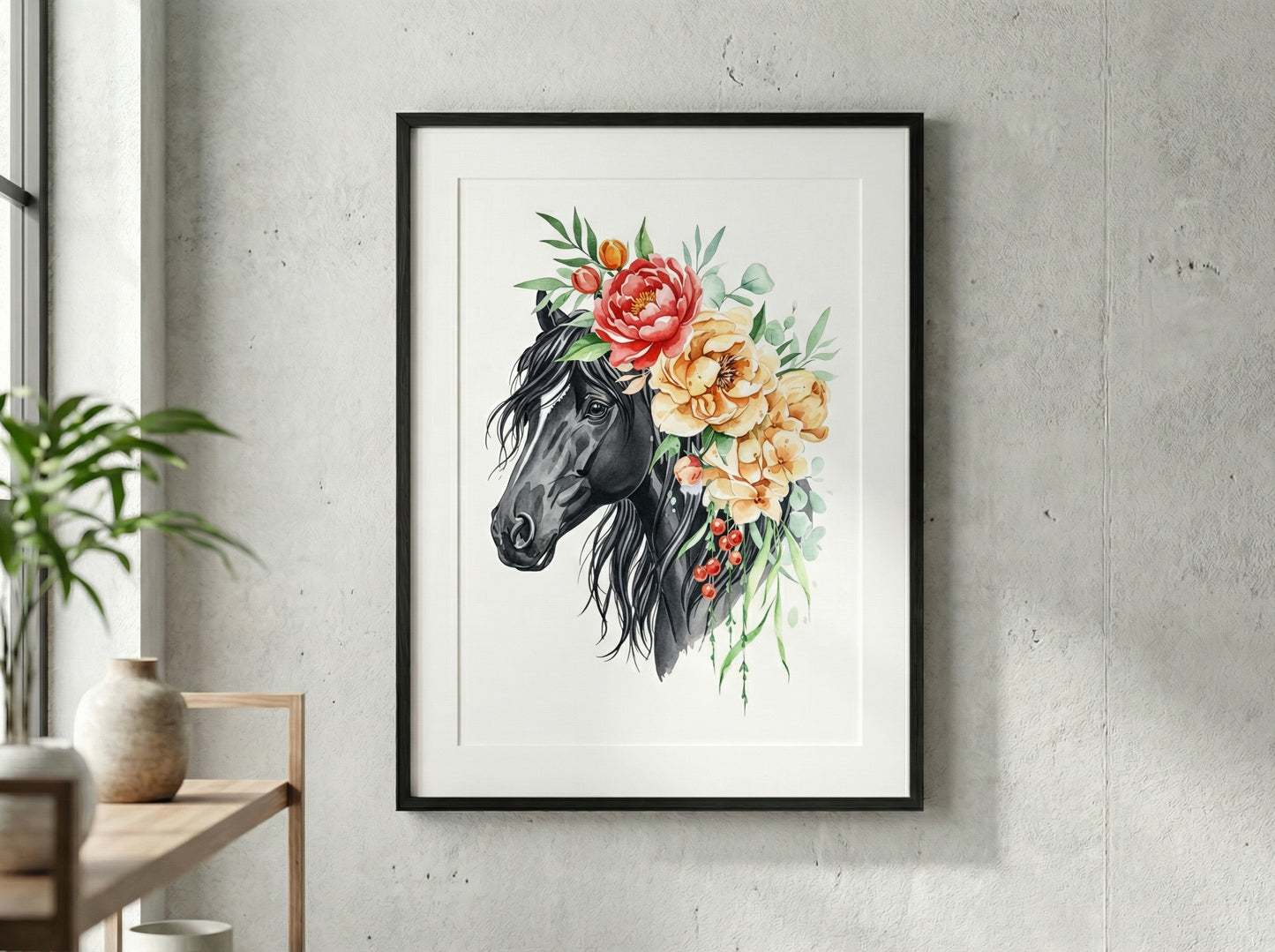 Watercolor Horse with Floral Crown – Boho Animal Wall Art