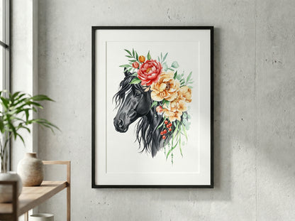 Watercolor Horse with Floral Crown – Boho Animal Wall Art