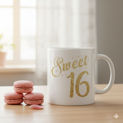 White coffee mug featuring gold Sweet 16 calligraphy design.