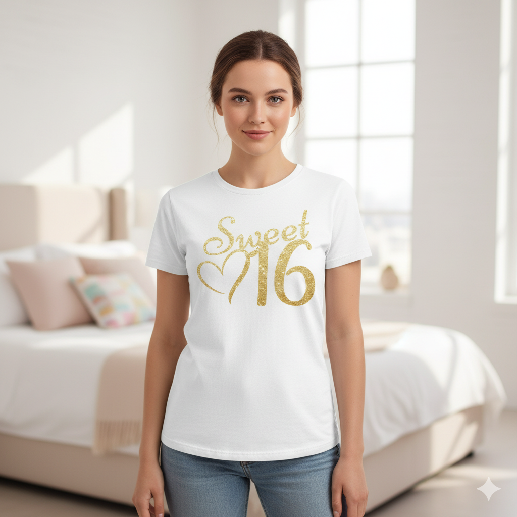 Girl wearing a white t-shirt with gold Sweet 16 print for 16th birthday party.