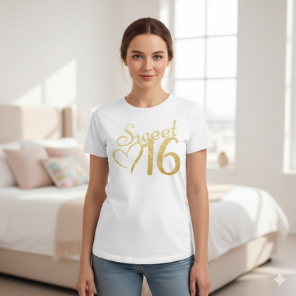 Girl wearing a white t-shirt with gold Sweet 16 print for 16th birthday party.