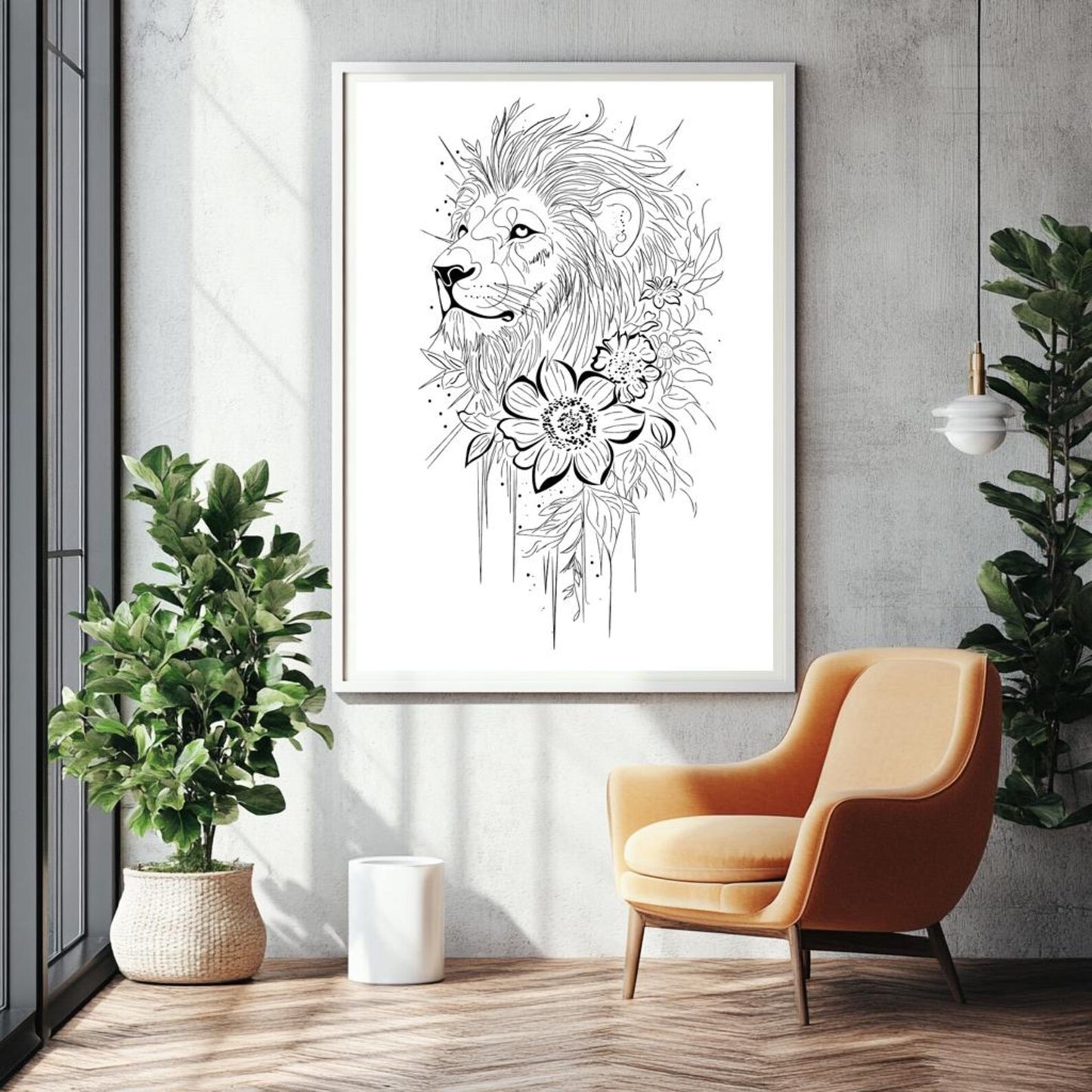 Framed black and white line art poster of a lion profile with floral elements hanging in a modern living room with a yellow chair.