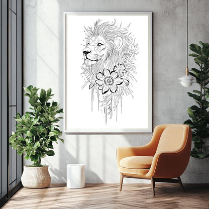 Framed black and white line art poster of a lion profile with floral elements hanging in a modern living room with a yellow chair.
